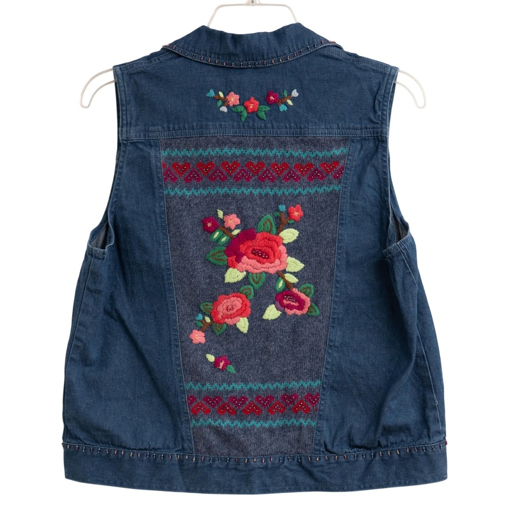 VTG Embroidered Denim Sweater Vest Floral Knit Back Beaded Eclectic Boho Hippie